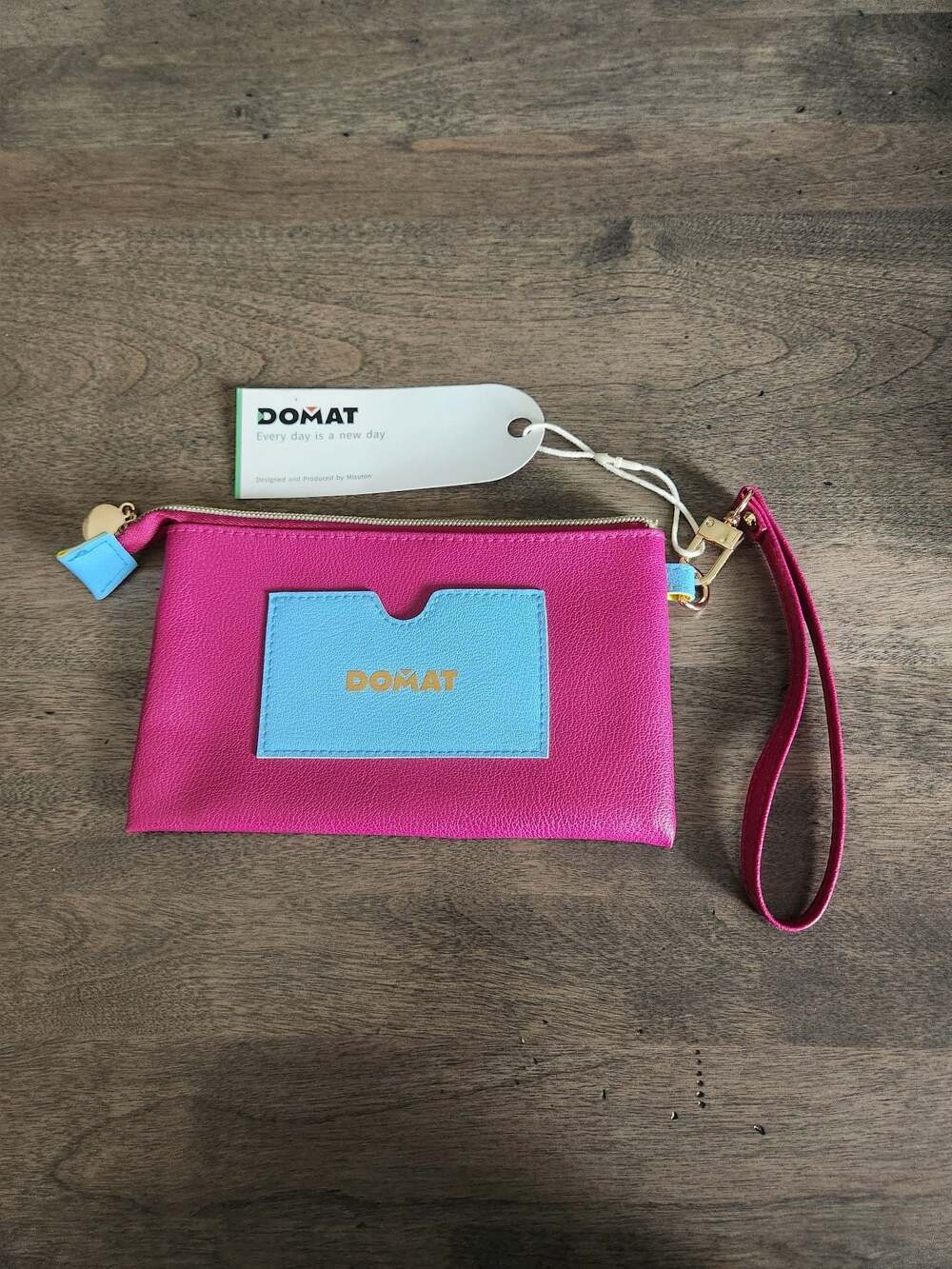 DOMAT Pink Leather Wristlet Pouch with External Blue Card Holder